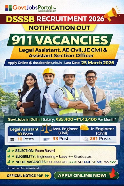 DSSSB Recruitment 2026 - Apply Online for 911 Junior Engineer, Legal Assistant and More Posts - jobcareer.co.in