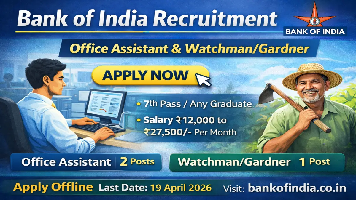 Bank of India Recruitment 2026 - Apply Offline for Office Assistant and Watchman/Gardner  - jobcareer.co.in