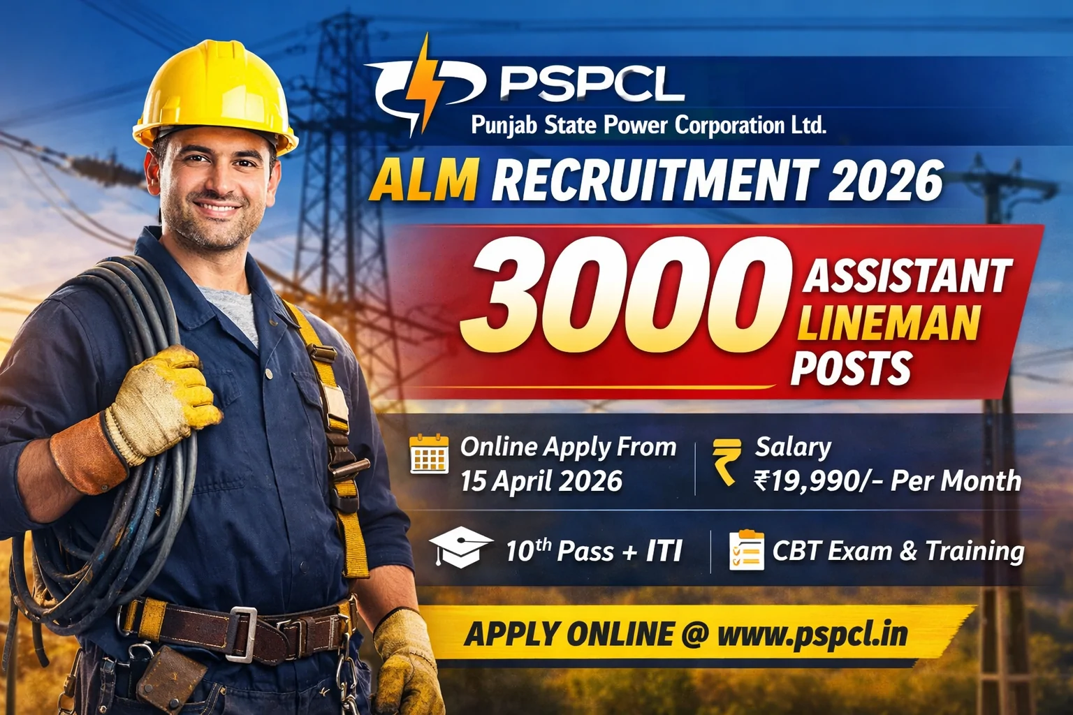 PSPCL ALM Recruitment 2026 - Apply Online for 3000 Assistant Lineman Posts - jobcareer.co.in