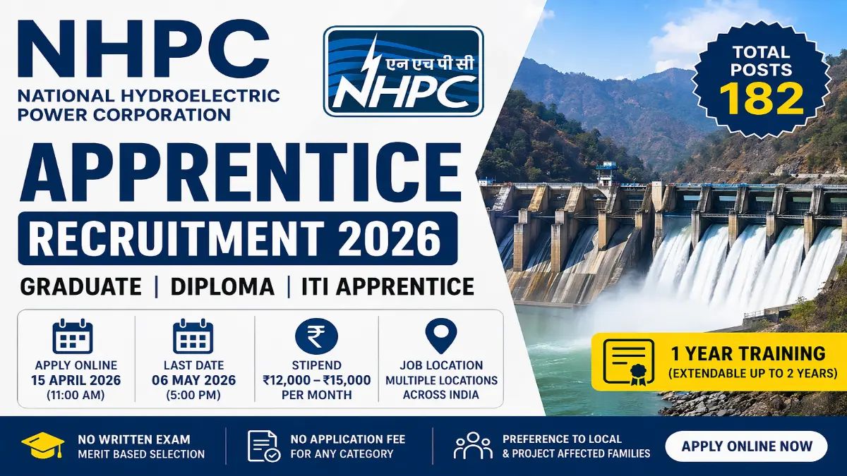 NHPC Apprentice Recruitment 2026 for 182 Vacancies - Graduate, Diploma & ITI Candidates Apply Online - jobcareer.co.in