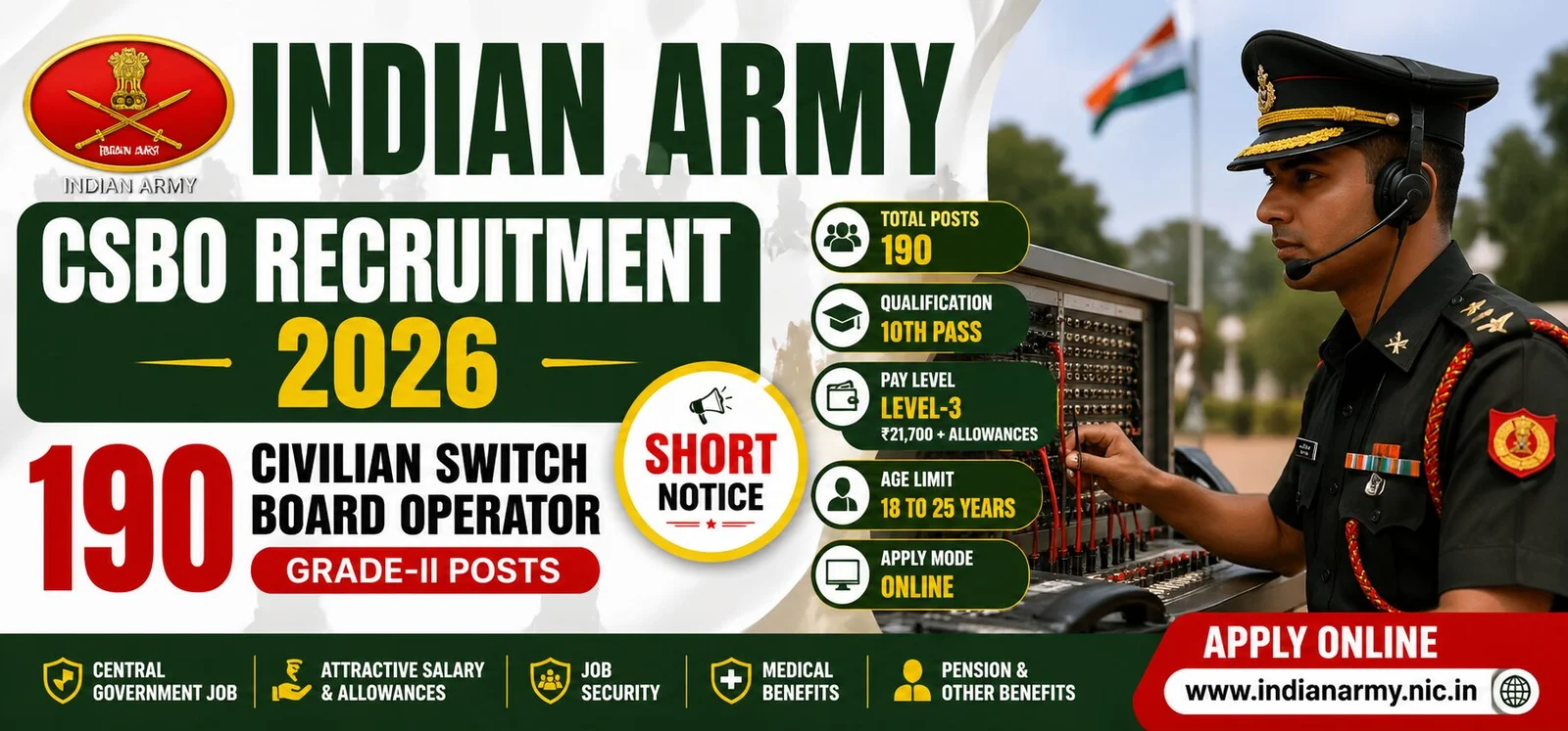 Indian Army CSBO Recruitment 2026 (Short Notice) - Apply Online for 190 Civilian Switch Board Operator Posts - jobcareer.co.in