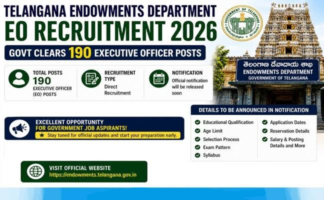 Telangana Endowment Executive Officer Recruitment 2026 (Short Notice) - Apply Online for 190 Posts - jobcareer.co.in