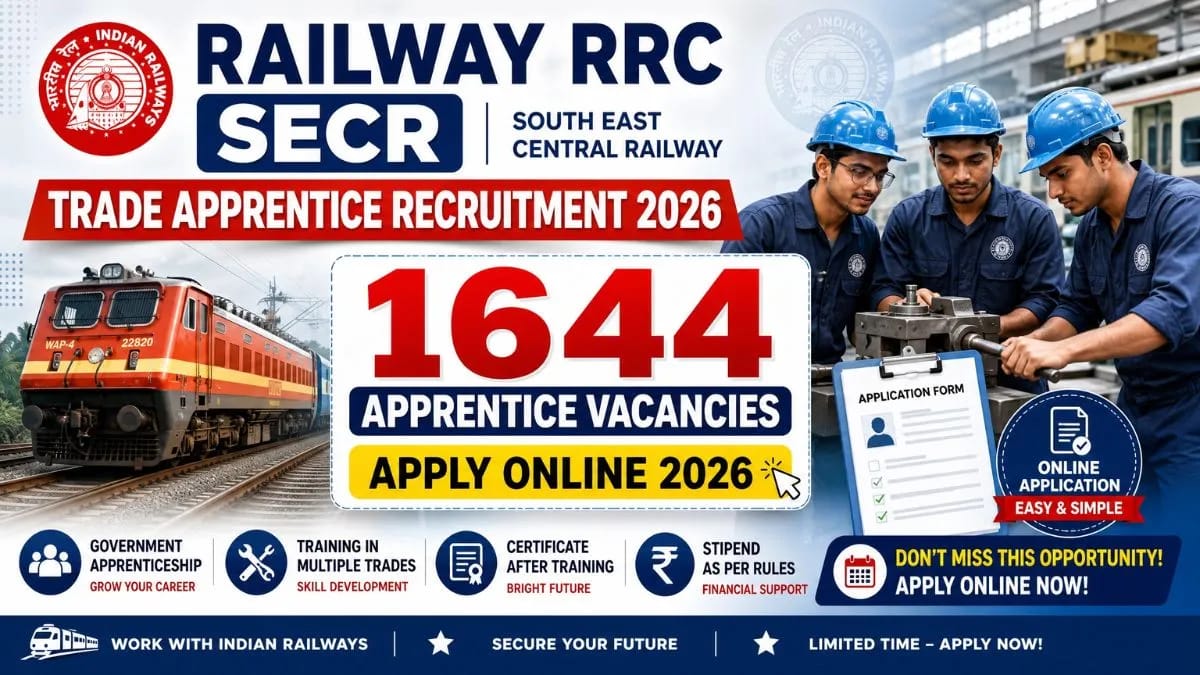 Railway RRC SECR Trade Apprentice Recruitment 2026 Notification Out - Apply Online for 1644 Posts - jobcareer.co.in
