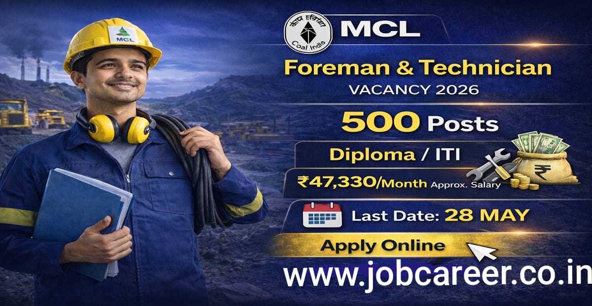 Mahanadi Coalfields (MCL) Recruitment 2026 Notification Out - Apply Online for 500 Asst Foreman, Technician Posts - jobcareer.co.in