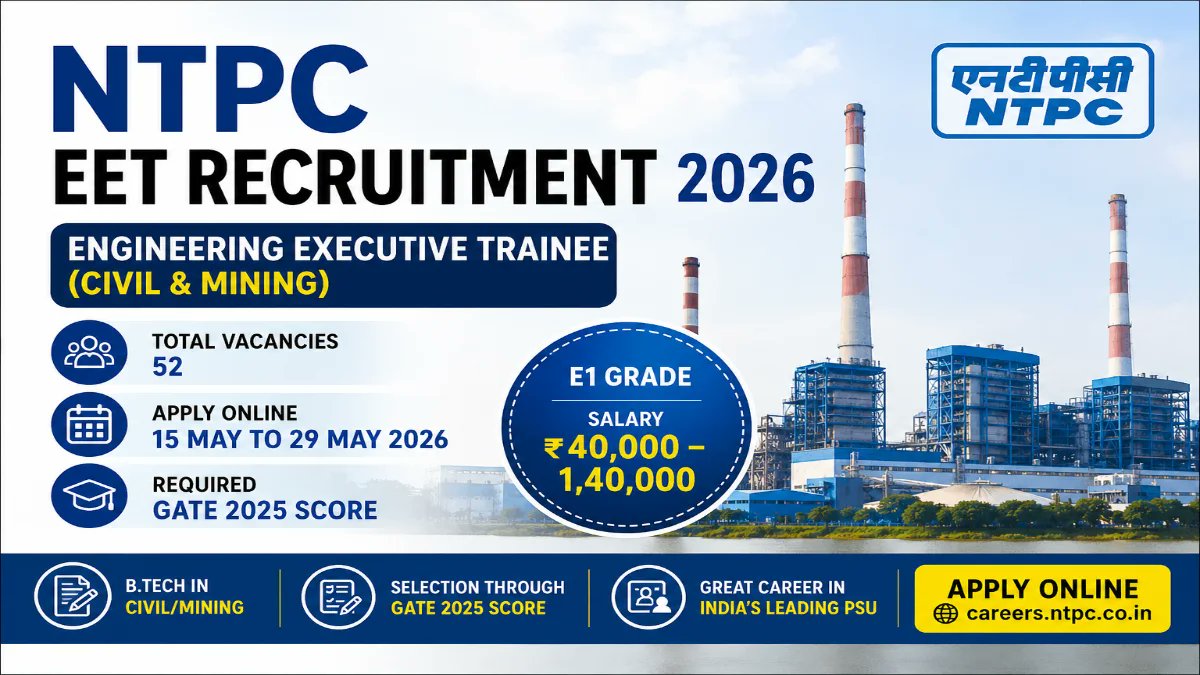 NTPC Engineering Executive Trainee Recruitment 2026 Through GATE 2025 - Apply Online for 52 Posts - jobcareer.co.in