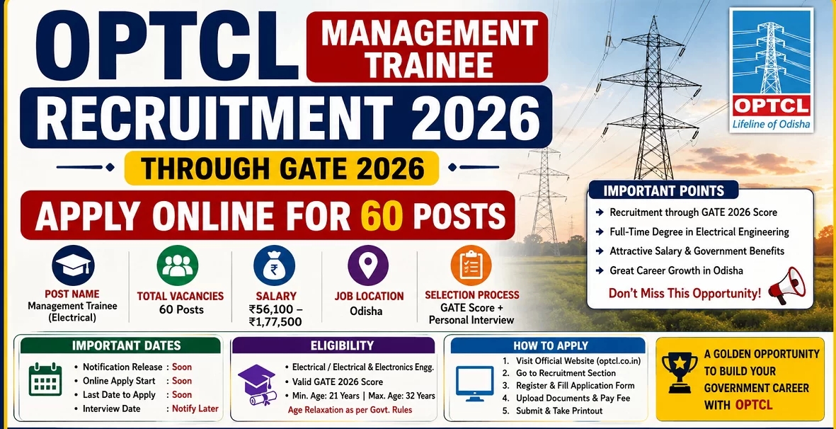 OPTCL Management Trainee Recruitment 2026 Through GATE Notification Out - Apply Online for 60 Posts - jobcareer.co.in
