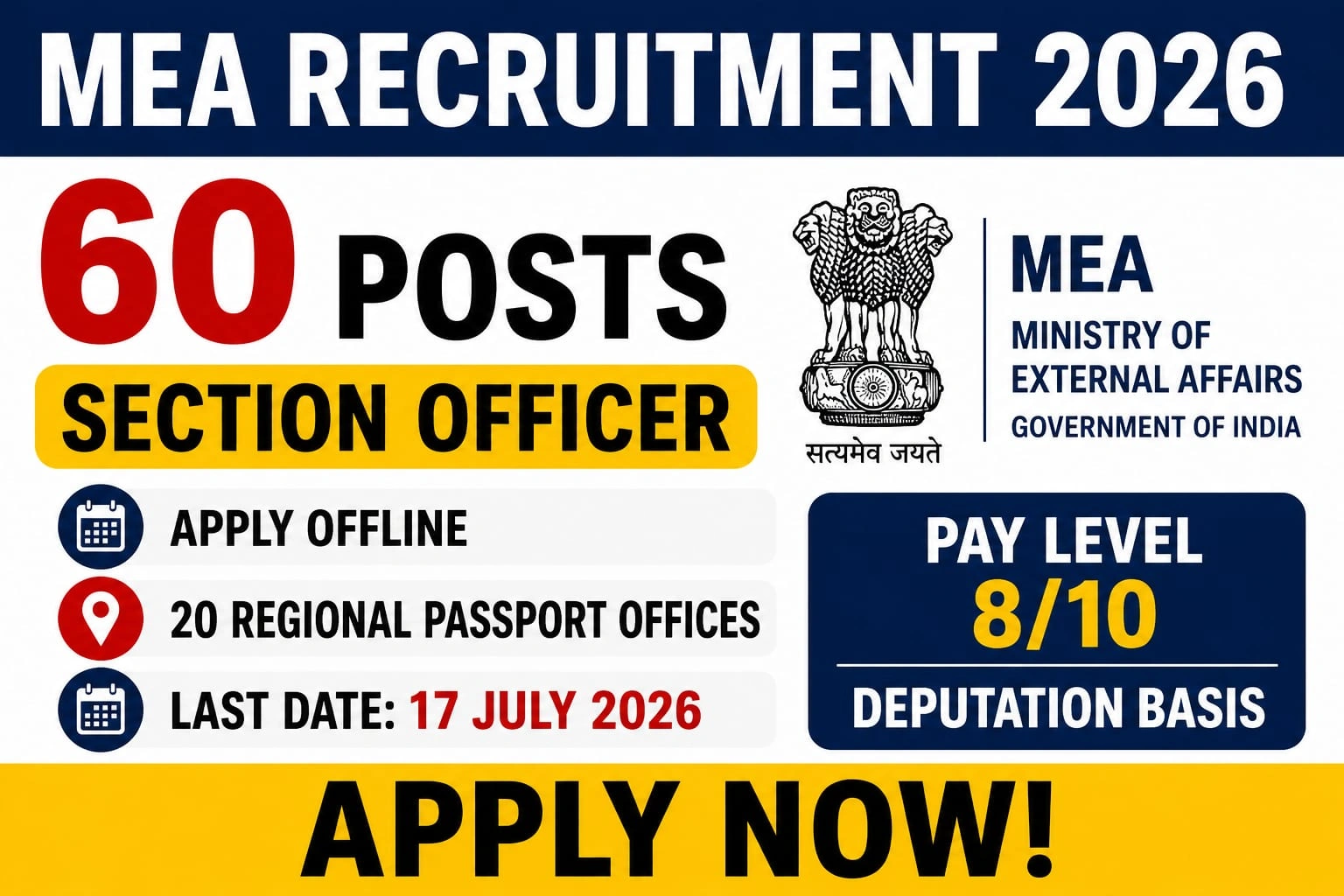 MEA Section Officer Recruitment 2026 - Apply Offline for 60 Posts - jobcareer.co.in