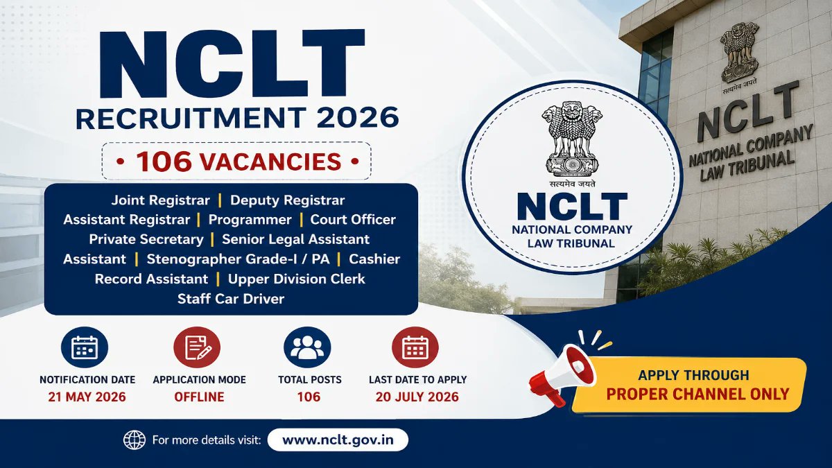 NCLT Recruitment 2026 - Apply Offline for 106 Staff Car Driver, UDC and More Posts - jobcareer.co.in