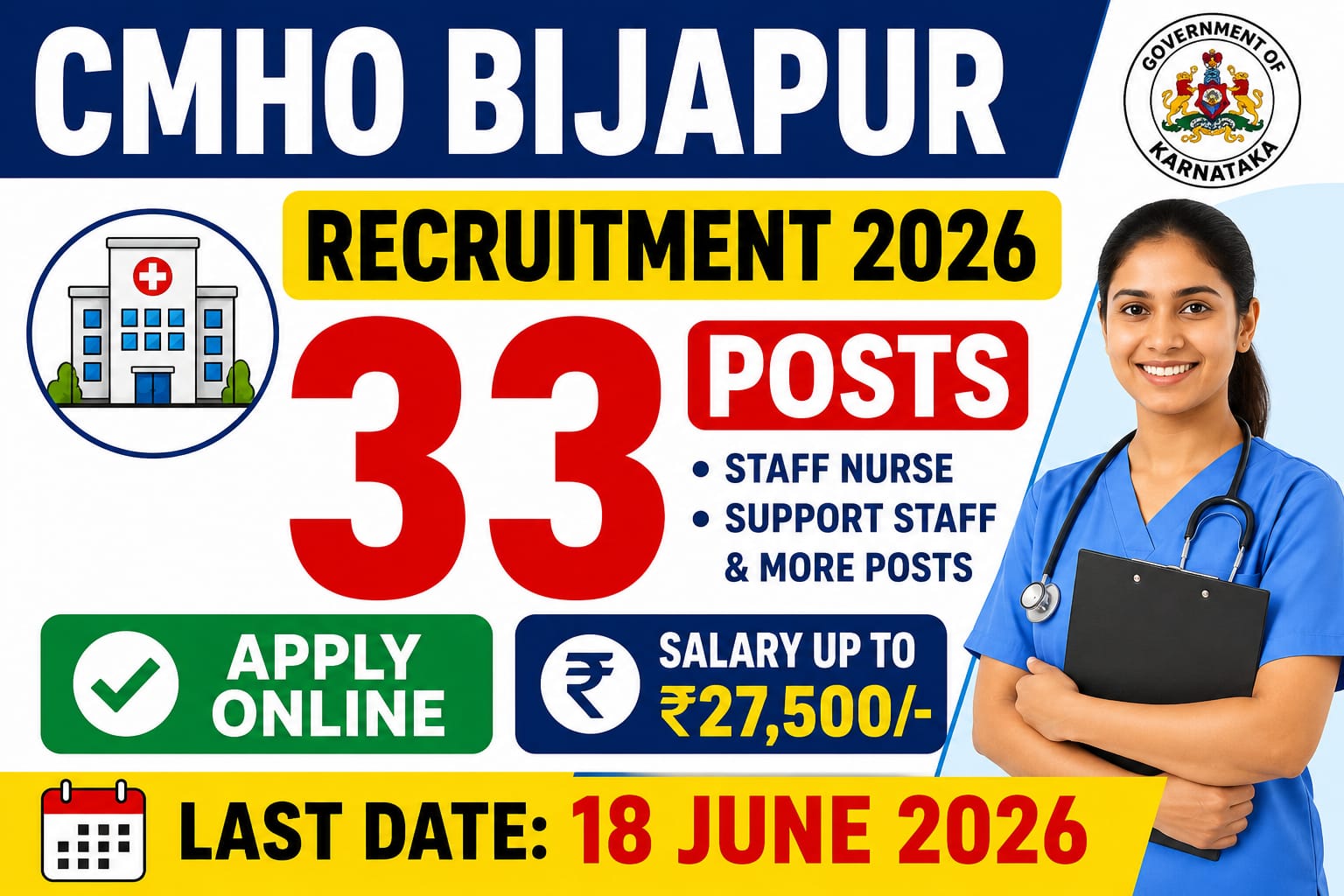 CMHO Bijapur Recruitment 2026 - Apply Online for 33 Staff Nurse, Support staff and More Posts - jobcareer.co.in