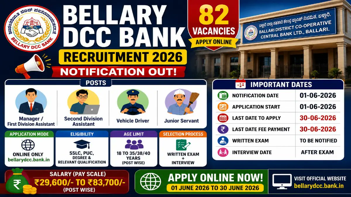 Bellary DCC Bank Recruitment 2026 – Apply Online for 82 Junior Assistant, Driver and More Posts - jobcareer.co.in