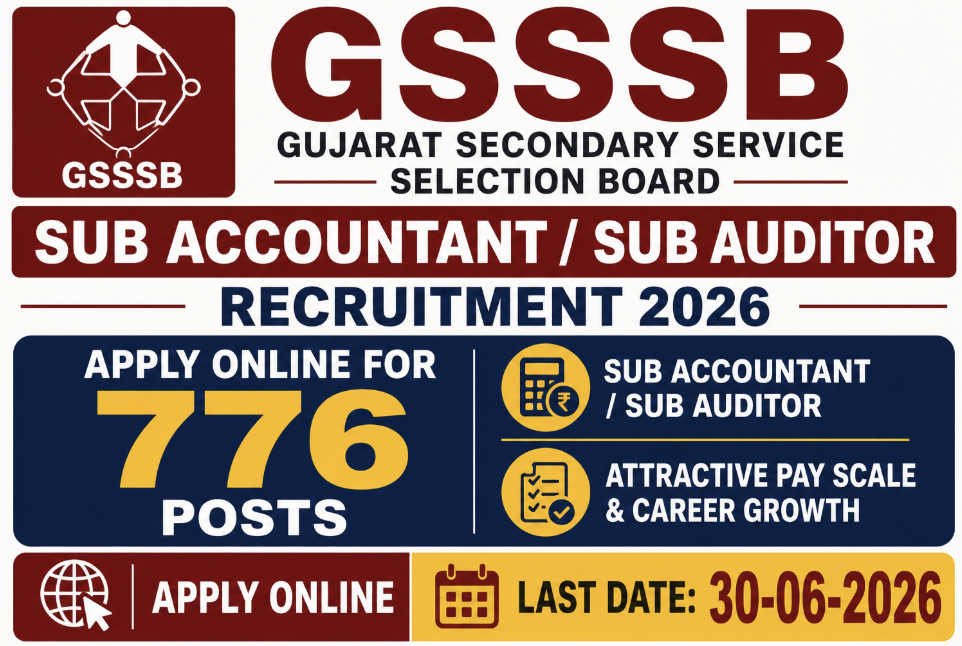GSSSB Recruitment 2026 Notification Out - Vacancies Increased to 776 Sub Accountant, Sub Auditor & Accountant Posts - jobcareer.co.in
