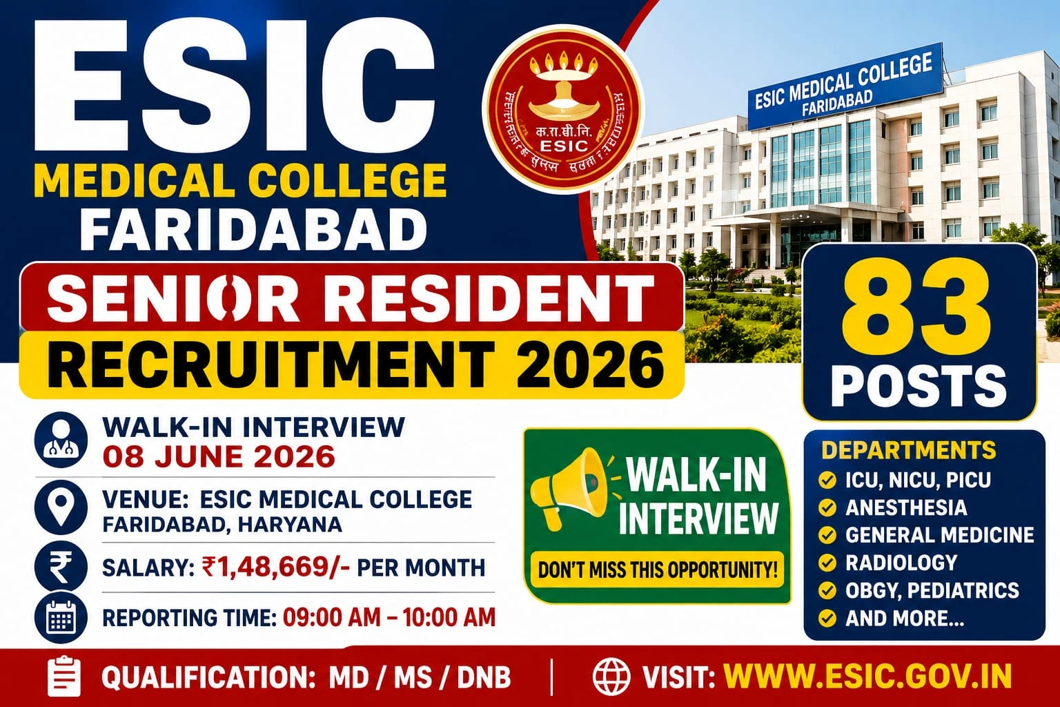 ESIC Medical College Faridabad Senior Resident Recruitment 2026 – Walk in for 83 Posts - jobcareer.co.in