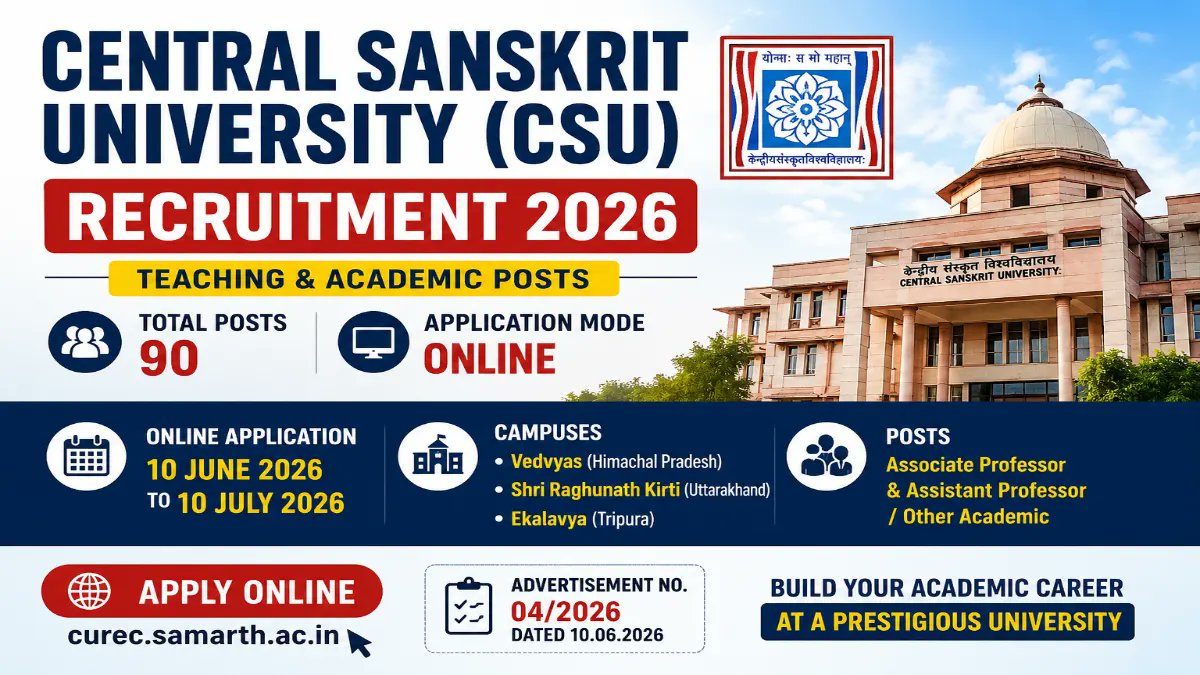 Central Sanskrit University Recruitment 2026: 90 Teaching Posts, Apply Online Before 10 July - jobcareer.co.in