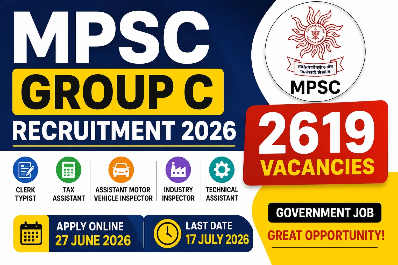Maharashtra PSC Group C Recruitment 2026 Notification Out - Apply Online for 2619 Clerk-Typist, Tax Assistant and More Posts - jobcareer.co.in