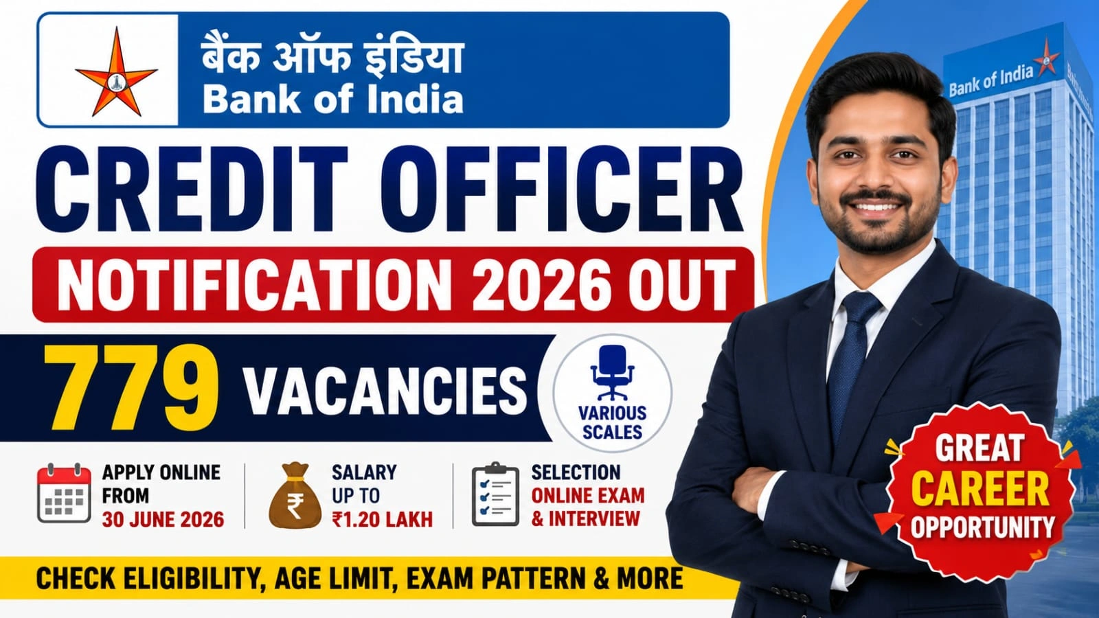 Bank of India Credit Officer Recruitment 2026 (Short Notice) - Apply Online for 779 Posts - jobcareer.co.in