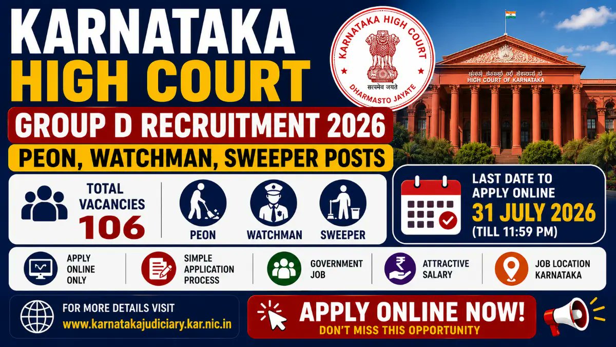 High Court of Karnataka Group D Recruitment 2026: Apply Online for 106 Peon, Watchman, Sweeper & Other Posts - jobcareer.co.in