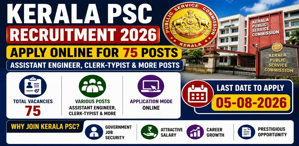 Kerala PSC Recruitment 2026 - Apply Online for 75 Assistant Engineer, Clerk-Typist and More Posts - jobcareer.co.in