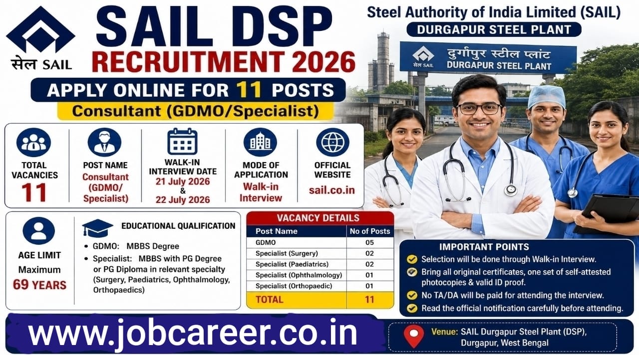 SAIL DSP Recruitment 2026 - Walkin for 11 Consultant (GDMO/Specialist) Posts - jobcareer.co.in
