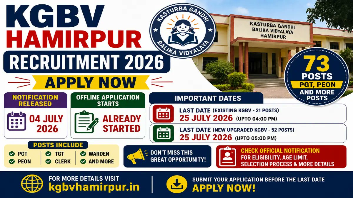 KGBV Hamirpur Recruitment 2026 - Apply Offline for 73 PGT, Peon and More Posts - jobcareer.co.in