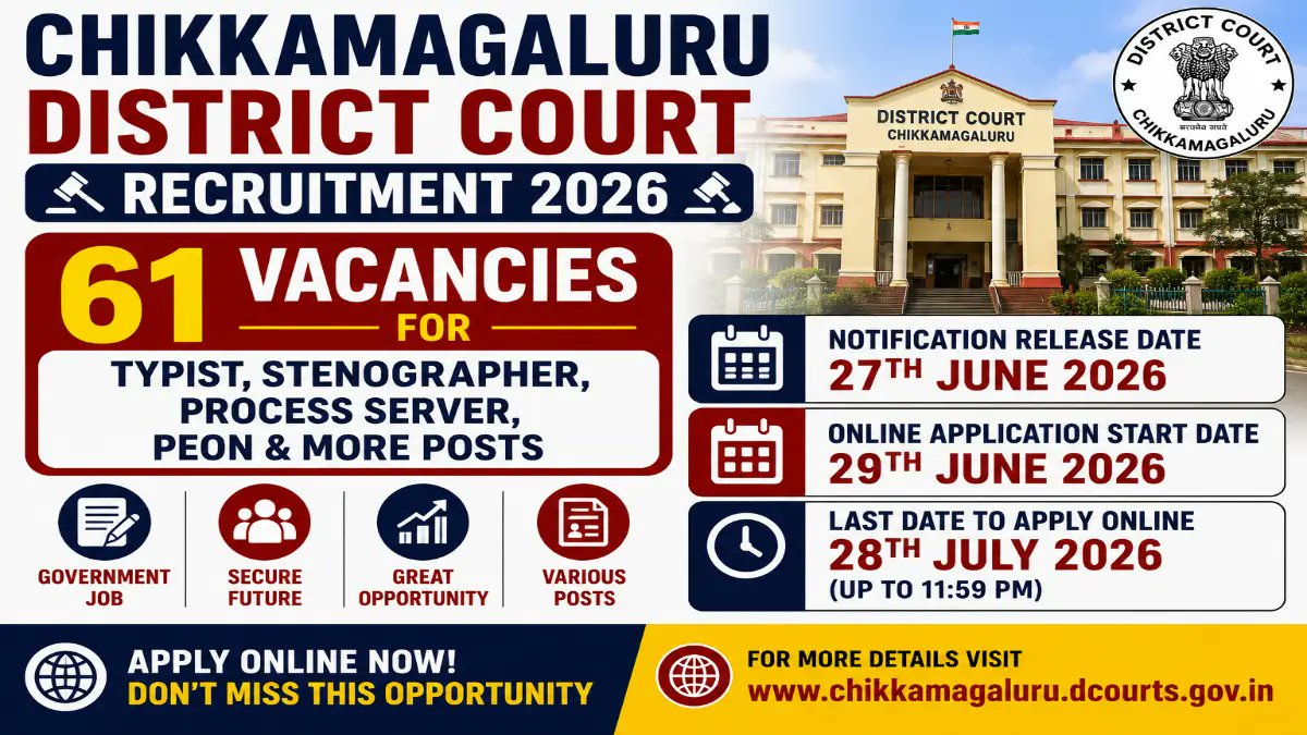 Chikkamagaluru District Court Recruitment 2026: Apply Online for 61 Peon, Typist, Stenographer Posts - jobcareer.co.in