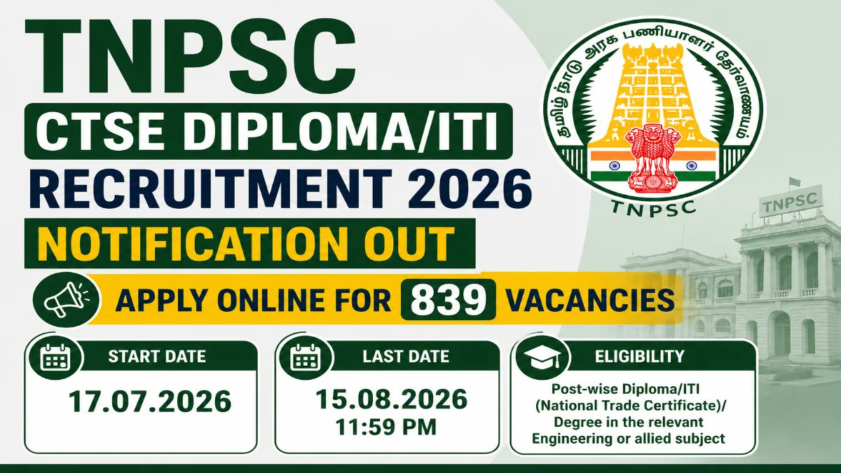 TNPSC CTSE Diploma/ITI Recruitment 2026 Notification Out - Apply Online for 839 Vacancies - jobcareer.co.in