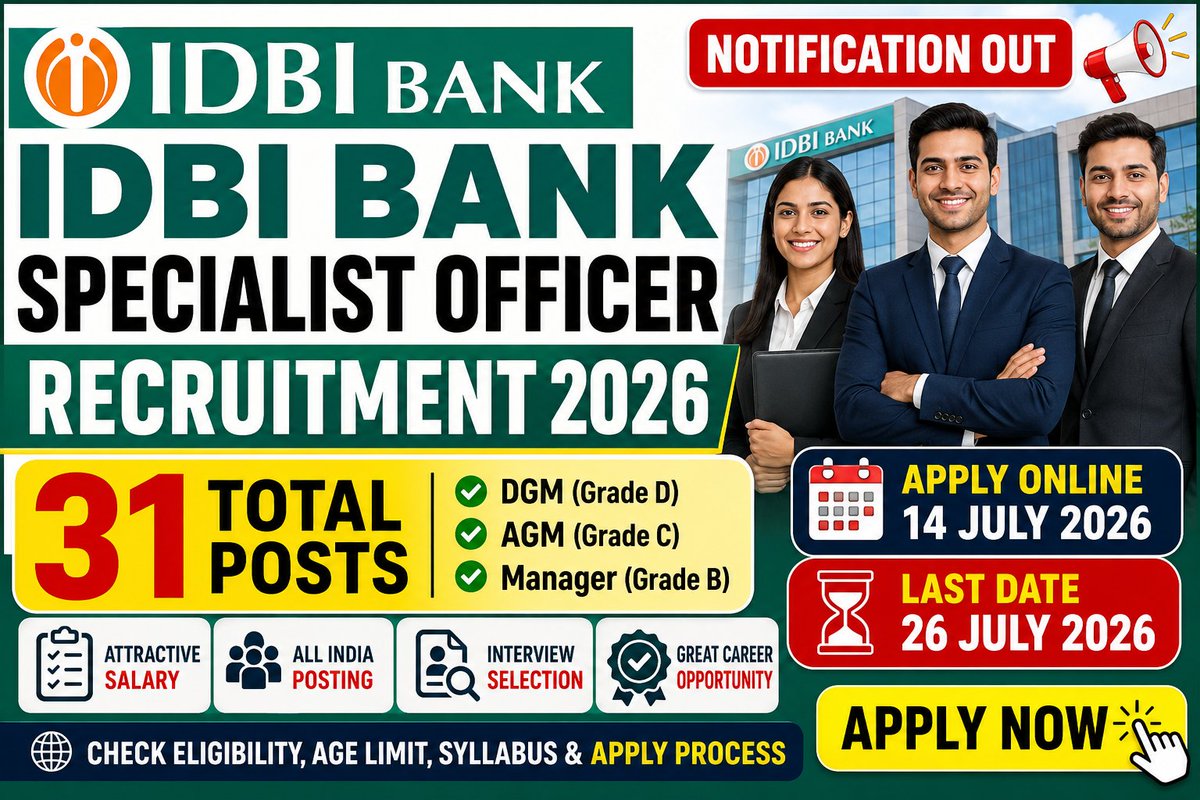 IDBI Bank Specialist Officer Recruitment 2026 Notification Out - Apply Online for 31 Posts - jobcareer.co.in
