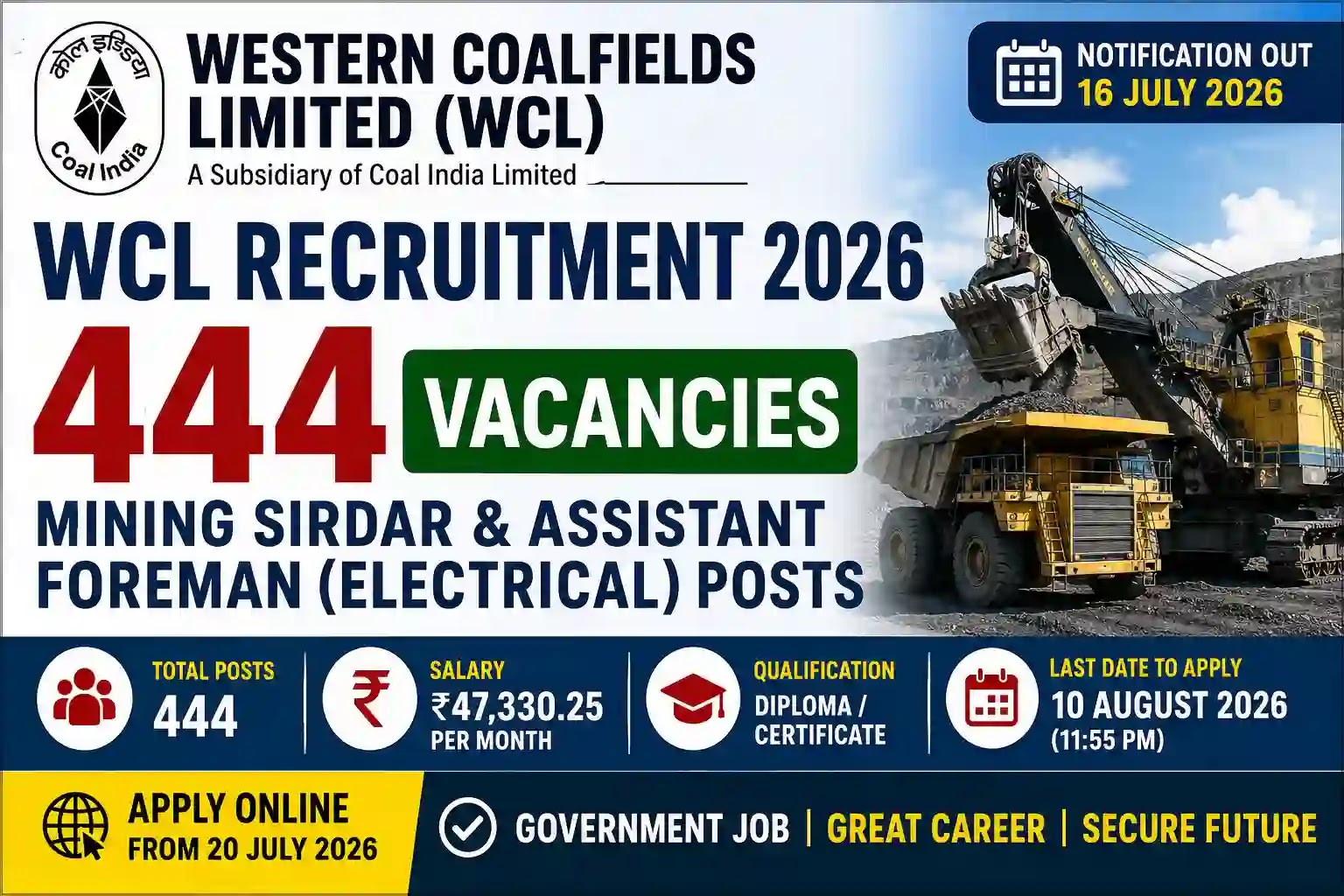 WCL Recruitment 2026: Apply Online for 444 Mining Sirdar & Electrical Supervisor Posts - jobcareer.co.in