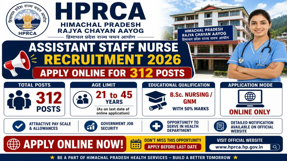 HPRCA Assistant Staff Nurse Recruitment 2026 - 312 Vacancies, Apply Online from 30 July 2026 - jobcareer.co.in