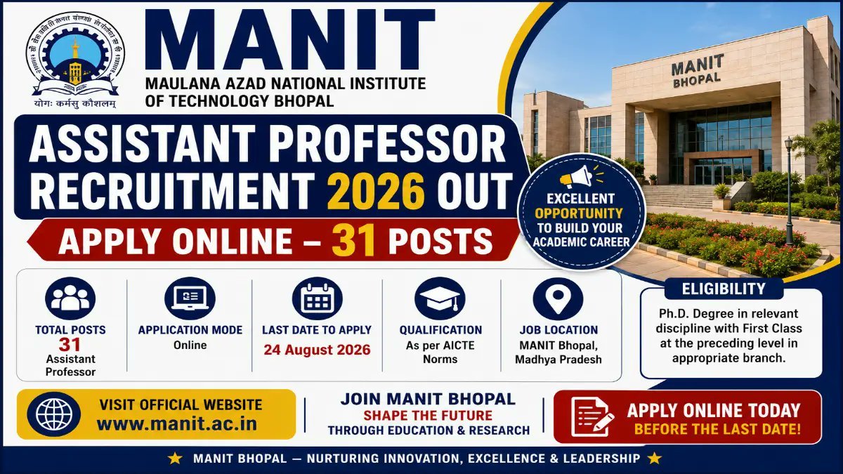 MANIT Bhopal Assistant Professor Recruitment 2026 - Apply Online for 31 Posts - jobcareer.co.in