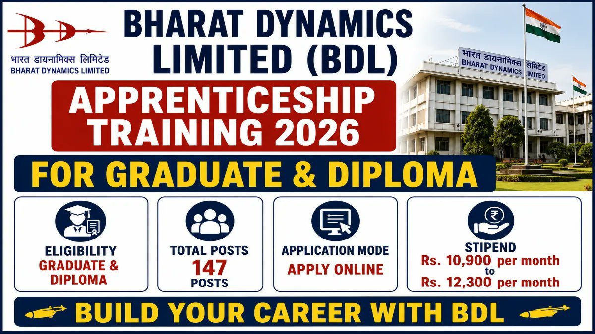 Bharat Dynamics Limited (BDL) Apprenticeship Training 2026 for Graduate & Diploma - 147 Posts, Apply Online - jobcareer.co.in