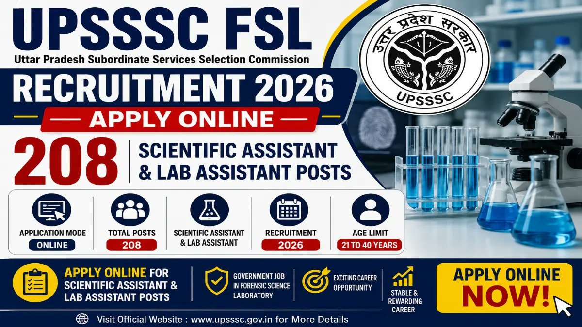 UPSSSC FSL Recruitment 2026 Notification Out - Apply Online for 208 Scientific Assistant & Lab Assistant Posts - jobcareer.co.in