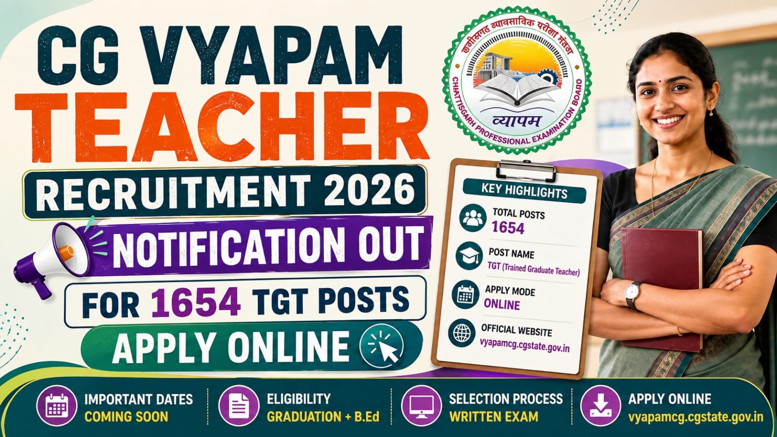 CG Vyapam Teacher Recruitment 2026 Notification Out - Apply Online for 1654 Posts - jobcareer.co.in