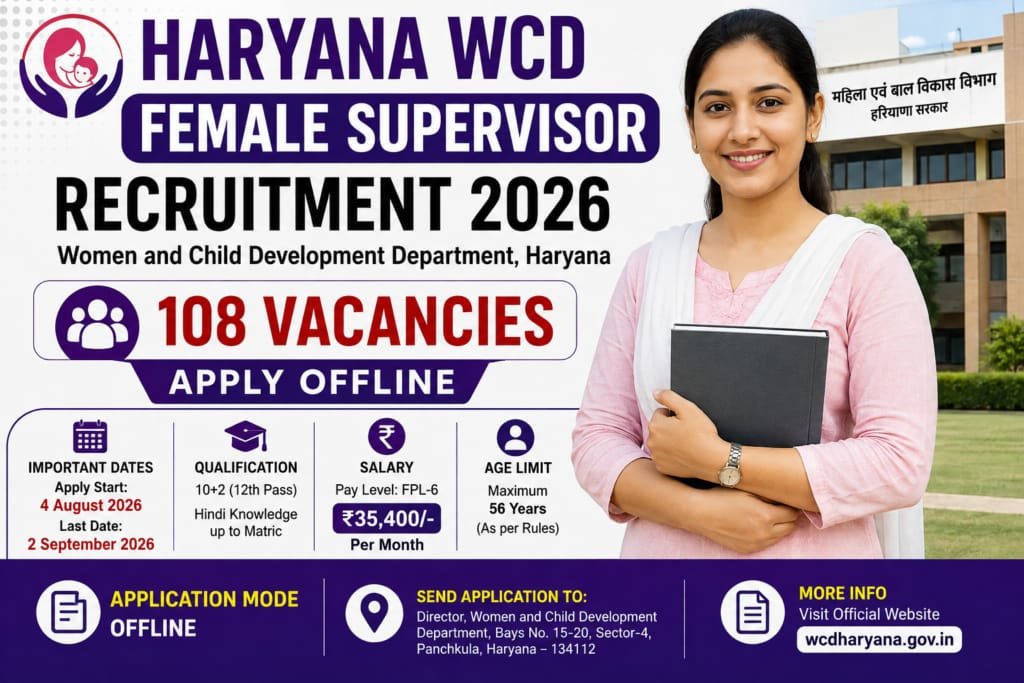 WCD Haryana Female Supervisor Recruitment 2026 - Apply Offline for 108 Posts - jobcareer.co.in