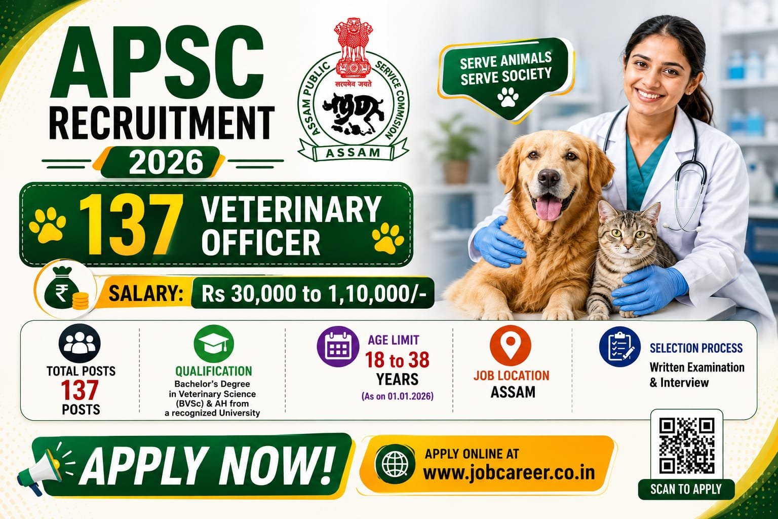 APSC Veterinary Officer Recruitment 2026 Notification Out - Apply Online for 137 Posts - jobcareer.co.in
