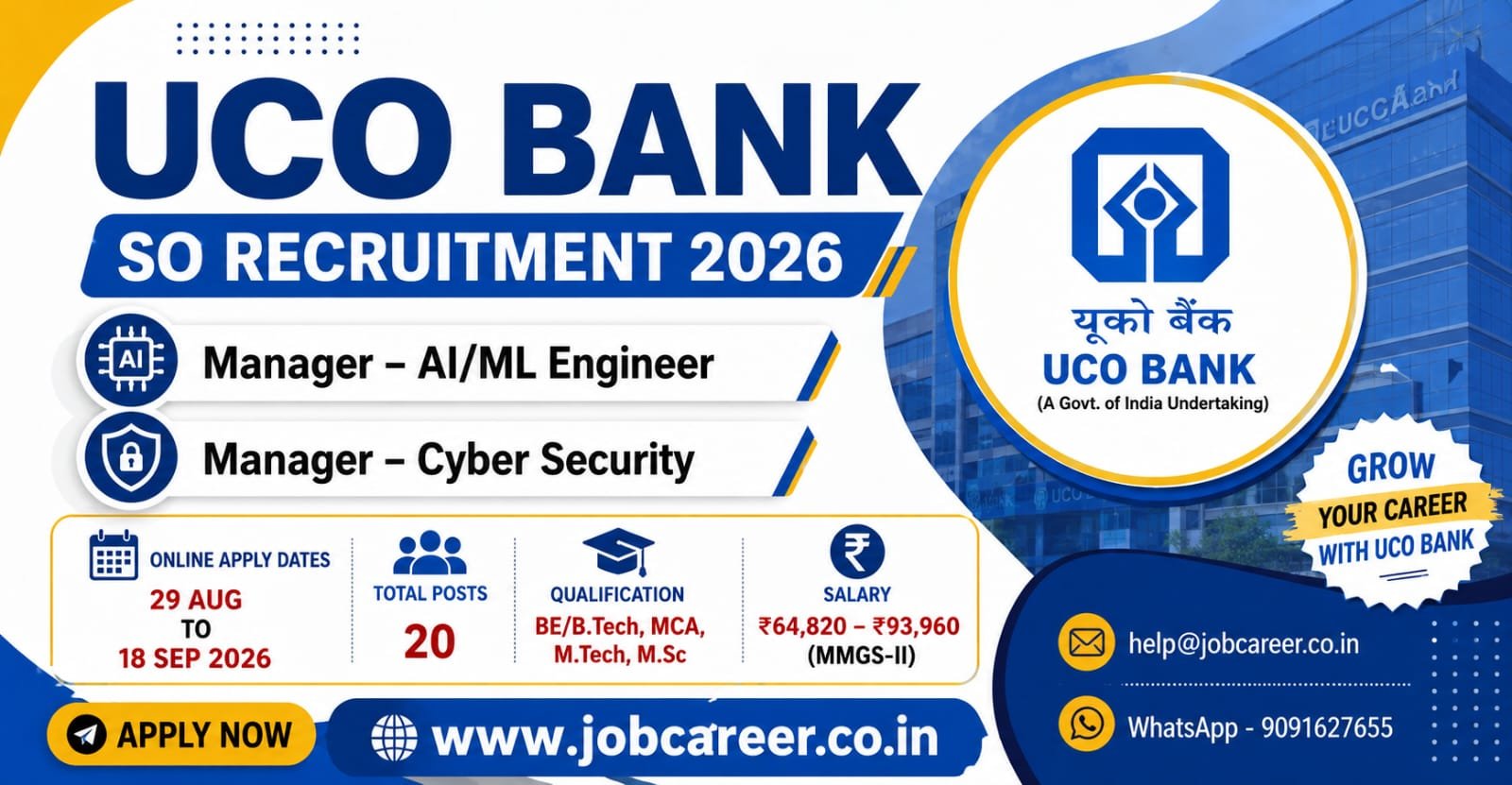 UCO Bank Manager Recruitment 2026 - Apply Online for 20 Posts - jobcareer.co.in