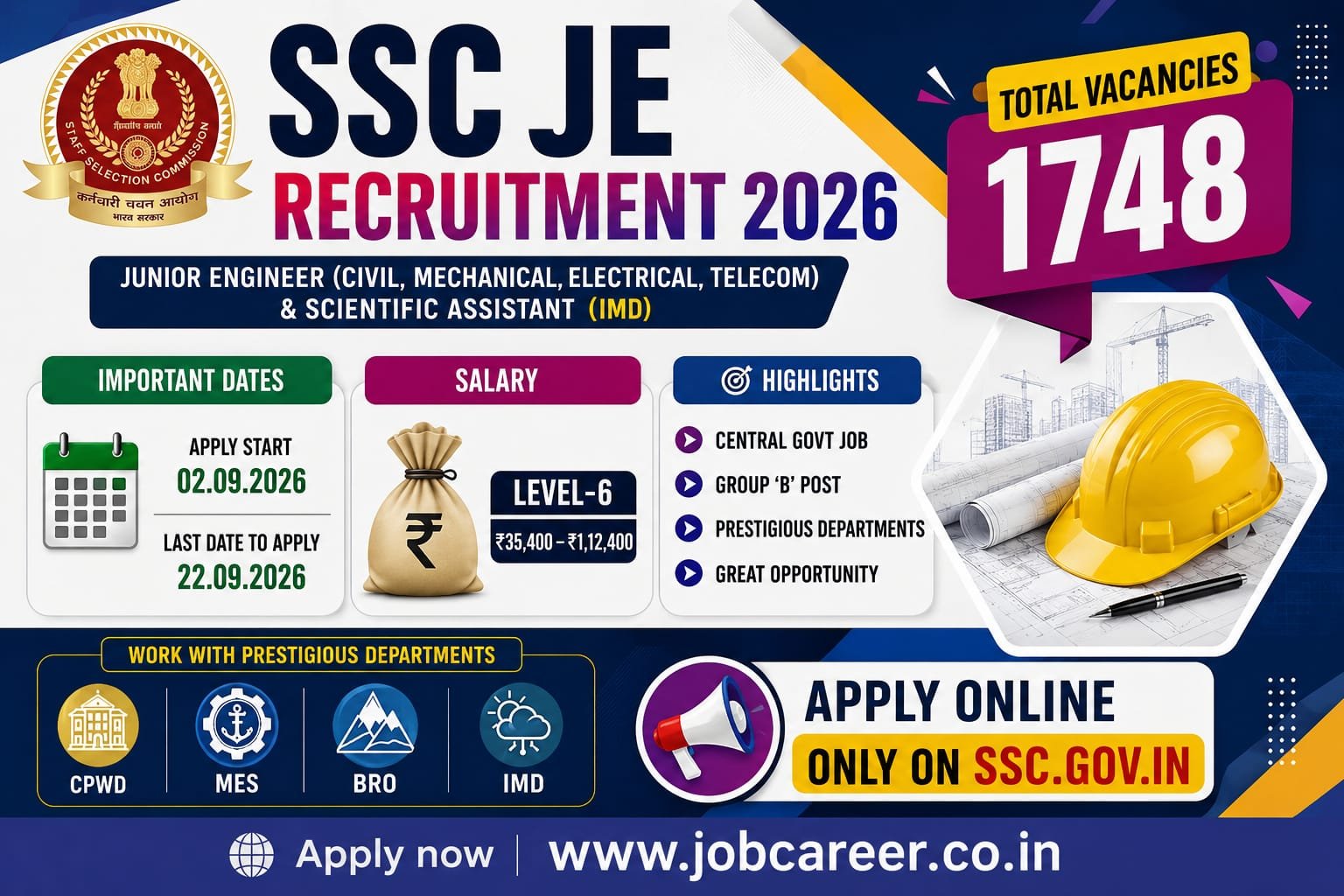 SSC JE Recruitment 2026 Notification Out - Apply Online for 1,748 Junior Engineer Posts - jobcareer.co.in
