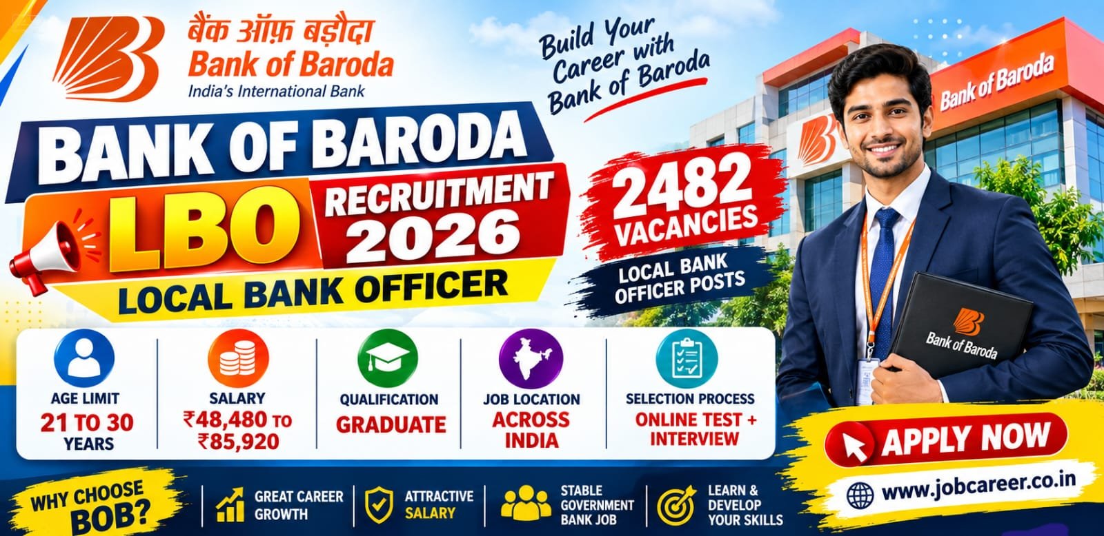 Bank of Baroda LBO Recruitment 2026 Last Date Extended - Apply Online for 2482 Local Bank Officer Posts - jobcareer.co.in