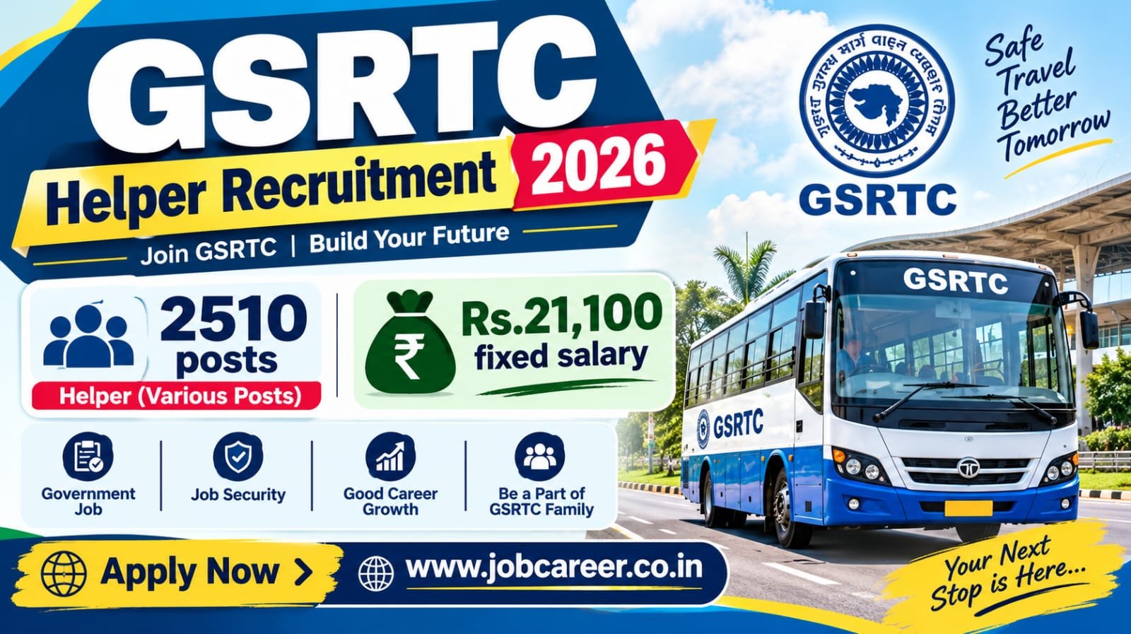 GSRTC Helper Recruitment 2026 Notification Out - Apply Online for 2,510 Posts - jobcareer.co.in
