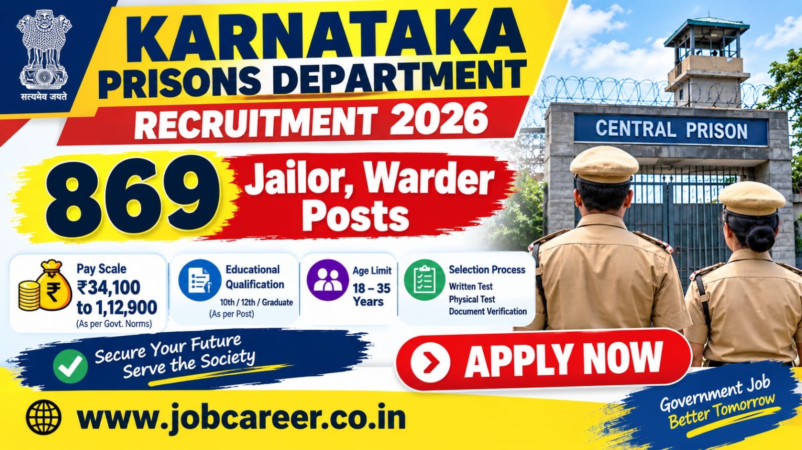 Karnataka Prisons Department Recruitment 2026 Notification Out - Apply Online for 869 Jailor, Warder Posts - jobcareer.co.in