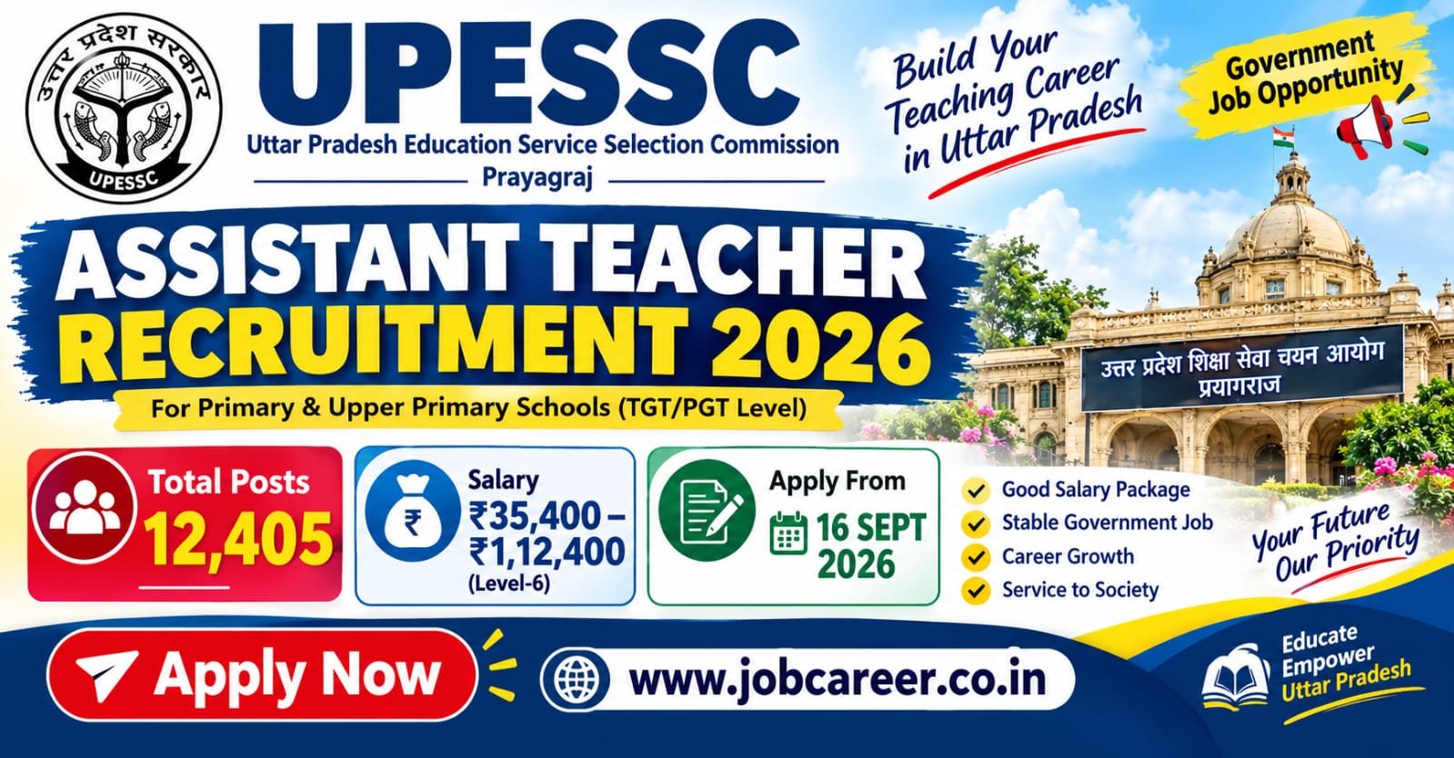 UPESSC UP PRT Assistant Teacher Recruitment 2026 Notification Out - Apply Online for 12,405 Posts - jobcareer.co.in