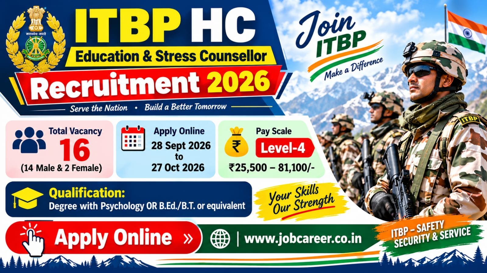 ITBP Head Constable (Education & Stress Counsellor) Recruitment 2026 - Apply Online for 16 Posts - jobcareer.co.in