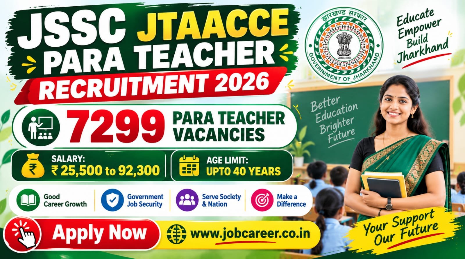 JSSC JTAACCE-2026 Para Teacher Recruitment Last date Extended: 7299 Vacancies (Regular + Backlog), Apply Online - jobcareer.co.in
