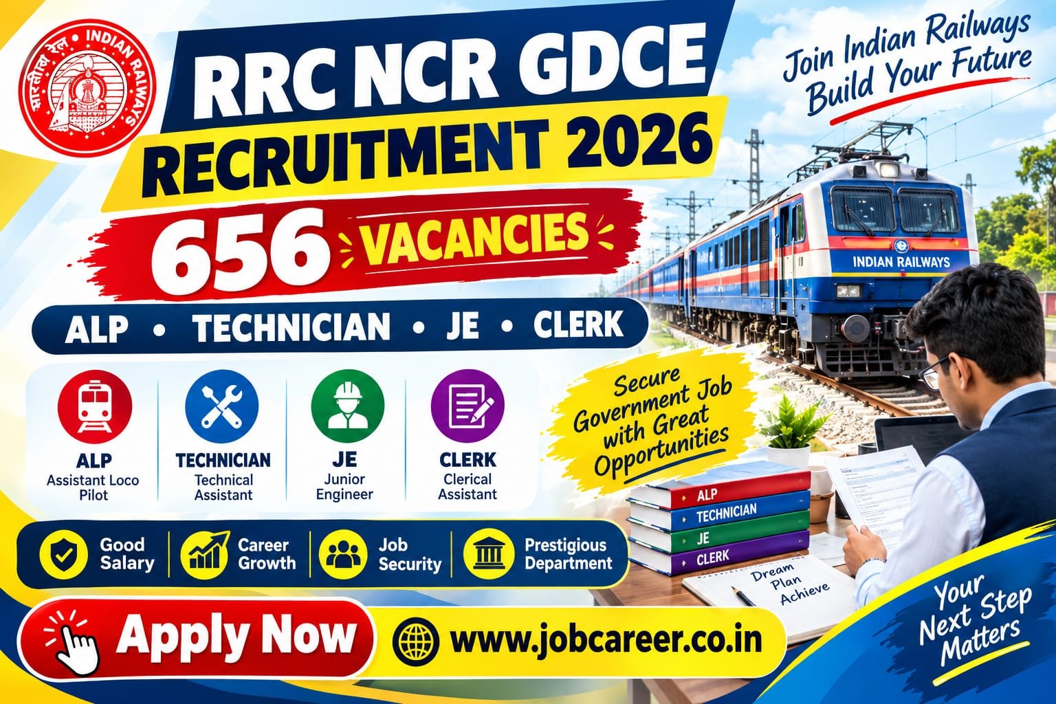 RRC North Central Railway GDCE Recruitment 2026 Notification Out - Apply Online for 656 JE, ALP, Clerk, Technicians and More Posts - jobcareer.co.in