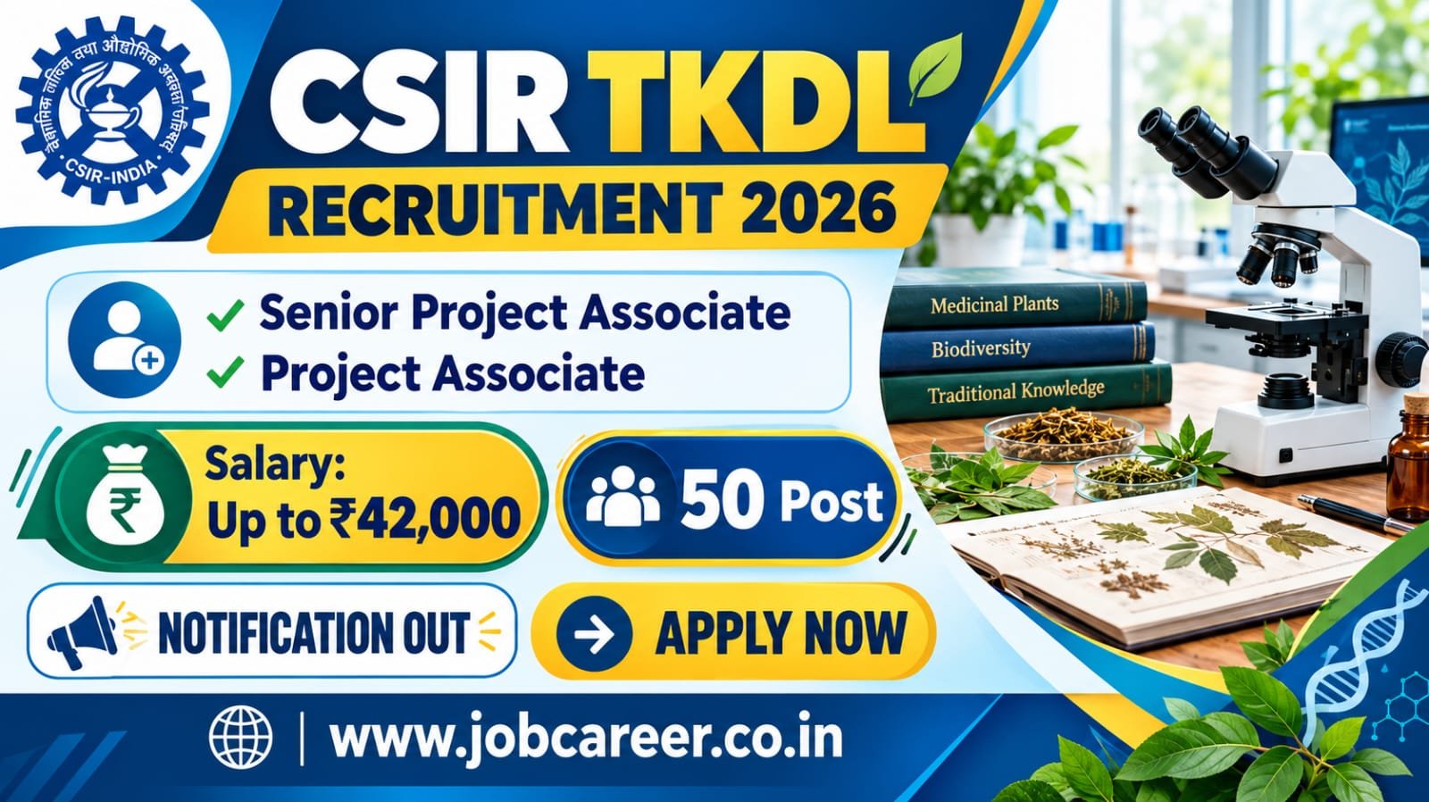 CSIR TKDL Recruitment 2026 Notification Out - Apply Online for 50 Senior Project Associate, Project Associate Posts - jobcareer.co.in